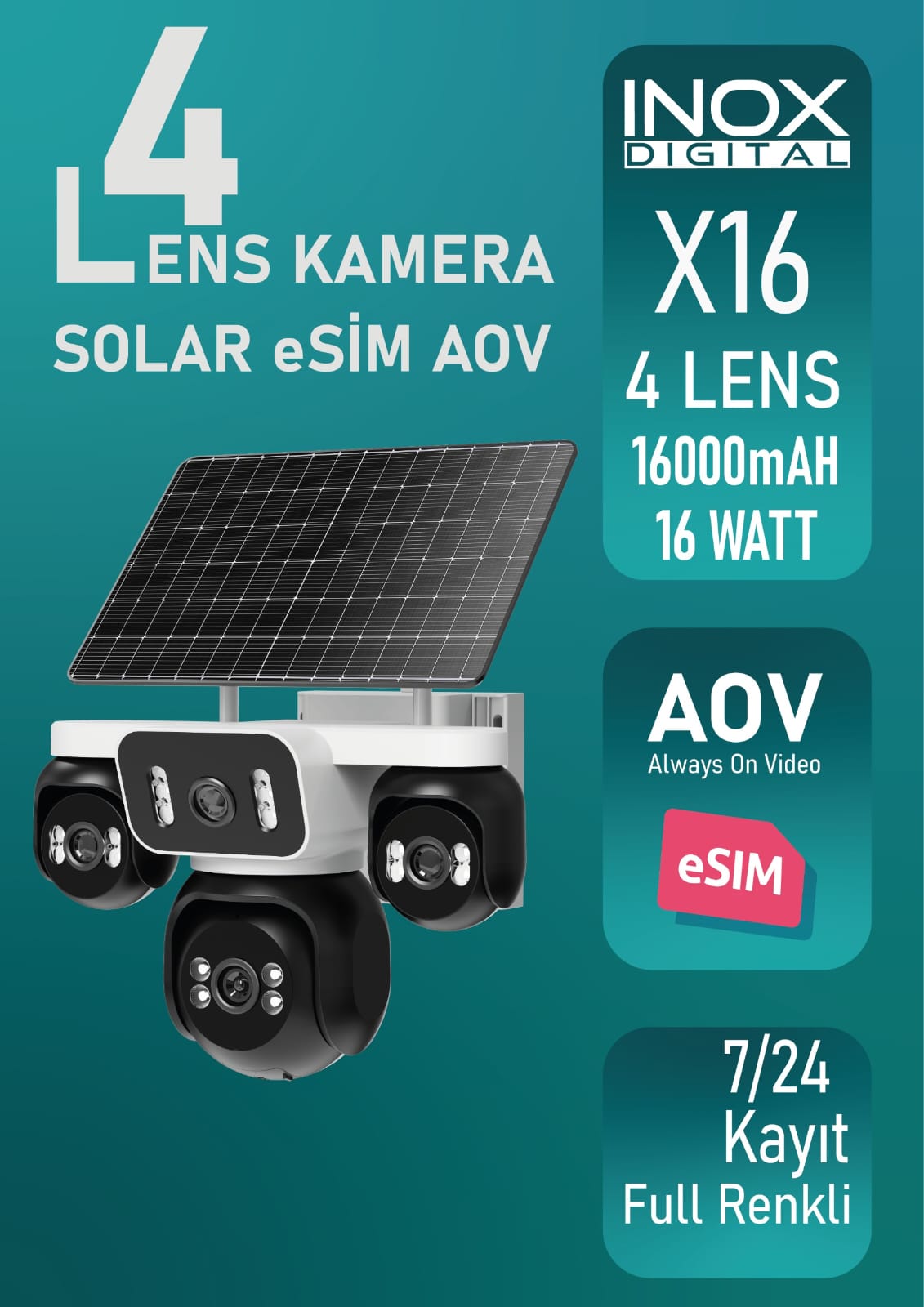 INOX-X16 4 KAMERALI 4G ESİMLİ SOLAR KAMERA INOX-X16 4 KAMERALI 4G ESİMLİ SOLAR KAMERA